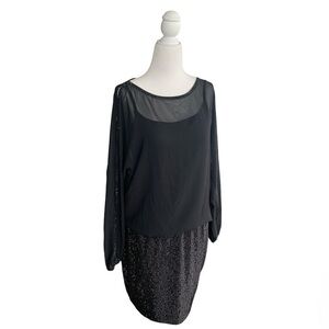 Cache Sequins Embellished Sheer Elegant Black Evening Mini Dress sz S